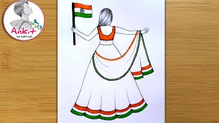 Republic Day Drawing Easy Steps  How to draw 26 January Drawing Easy StepTraditional Girl Drawing [upl. by Adnocahs794]