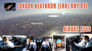 London Heathrow LHR  Pilots  cockpit view of early morning Airbus approach  landing runway 09L [upl. by Gwyneth867]