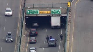 Storrowed Box truck wedged under overpass [upl. by Esyli]