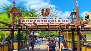 Adventureland at Magic Kingdom Walt Disney World 2023  Walkthrough Tour [upl. by Aneerak]