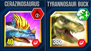 CERAZINOSAURUS VS TYRANNOSAUR BUCK  JURASSIC WORLD THE GAME [upl. by Cointon]