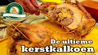 Gevulde kerstkalkoen bereiden Amerikaans recept Turducken gevuld met eend en kip [upl. by Halsy811]