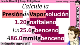 Cuál es la 𝐩𝐫𝐞𝐬𝐢ó𝐧 𝐝𝐞 𝐯𝐚𝐩𝐨𝐫 con 120 g C₁₀H₈ en 256 g C₆H₆ 860 mmHg C₆H₆ pura 𝐋𝐞𝐲 𝐝𝐞 𝐑𝐚𝐨𝐮𝐥𝐭 [upl. by Chandless714]