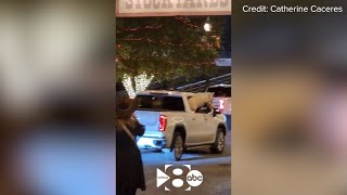 Horse rides in the backseat of a truck in Fort Worths Stockyards [upl. by Eelahs]