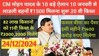 CM मोहन यादव के 10 बड़े ऐलान 10 जनवरी से लाडली बहनों को ₹1500 मिलना शुरू 20वी किस्तawas Yojana [upl. by Xilef]