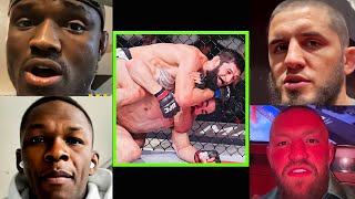 Fighters react Khamzat Chimaev submits Robert Whittaker in round 1 at UFC 308 [upl. by Rosio75]