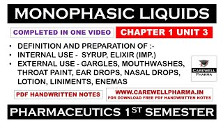 Monophasic Liquids complete  Syrup  Elixir  Liniments  Ch 1 U 3  Pharmaceutics  B Pharmacy [upl. by Anikal]