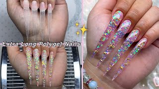 EXTRA LONG GLITTER POLYGEL NAILS✨ STILETTO NAILS amp MOON CHARMS DESIGN  Nail Tutorial [upl. by Clemmie]