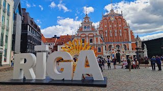 Riga Latvia Street Walking Tour And City Panorama From St Peters Church [upl. by Drahsar]