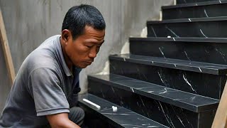 AMAZING SKILLS TO INSTALL BLACK GRANITE ON CONCRETE STAIRS [upl. by Gambell]