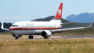 Meridiana Boeing 737 EIIGR Windy Landing amp Takeoff at Olbia Airport [upl. by Aicile]