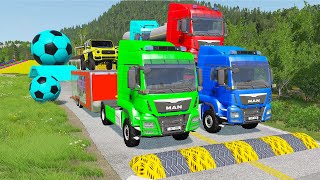 Double Flatbed Trailer Truck vs Speedbumps Train vs Cars  Tractor vs Train BeamngDrive 058 [upl. by Laet]