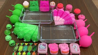 MIXING GLITTER INTO HOMEMADE SLIME  RELAXING WITH BALLOON AND PIPING BAG  PINK VS GREEN PART 1 [upl. by Raynell202]