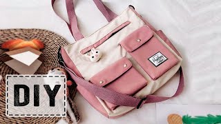 DIY Korean Design Tote Bag Many Pockets Style Making from Cloth [upl. by Lugar]