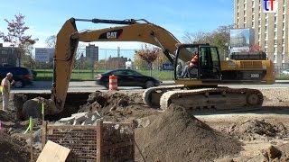 CAT 336D 315C 962K   M1 RAIL Streetcar Project Detroit MI USA 10232014 [upl. by Turne]