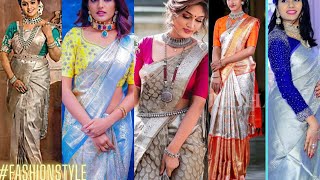 Silver Colour Saree With Contrast Blouse Design  Grey Saree Color Combination Idea fashionstyle [upl. by Votaw333]