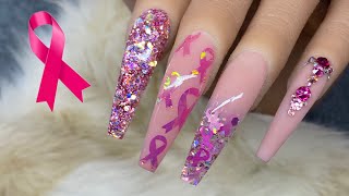 Breast Cancer Awareness Nails  Easy Nail Art  Acrylic Nails [upl. by Adamik918]