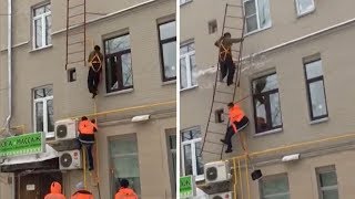 Ladder Breaks And Falls Off Wall As Workers Climb [upl. by Granniah]