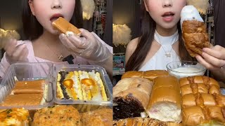 ASMR Eating Towel Roll Cake Container Cake Choco Fudge Bun With CreamEating Cake Dessert Mukbang [upl. by Imat]