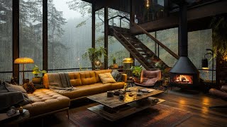 Jazz Relaxing Music at Cozy Cabin Room Ambience  Smooth Jazz amp Gentle Rain Sounds for Unwind Calm [upl. by Aramal]