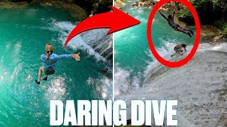 EIGHTYEAROLD JUMPS OFF TERRIFYINGLY TALL WATERFALL IN JAMAICA  DAY NEARLY ENDS IN DISASTER [upl. by Nnairrek]