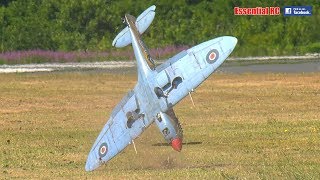 SUPER SCALE radio controlled RC SPITFIRES  LOW PASSES CLOSE FORMATION and CRASH LANDINGS [upl. by Icrad]