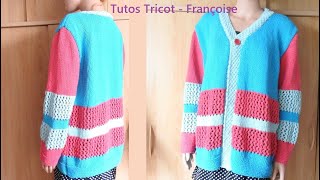 Tuto Tricot Gilet Veste Femme col V coton point Mousse et point Ajouré facile tailles 3436 à 5052 [upl. by Aleinad]