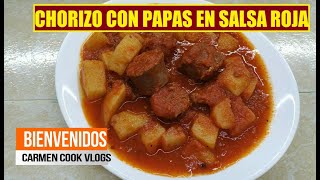 LONGANIZA CHORIZO CON PAPAS EN SALSA ROJA  RICO GUISADO  CarmenCookVlogs [upl. by Nylinej]