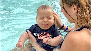 4 months old baby swims in the pool for the first time [upl. by Macswan348]