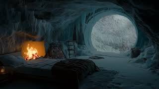 Cave with Falling Snow amp Fireplace Burning  Crackling Fire Sounds Howling Wind for a Good Sleep [upl. by Notneuq]