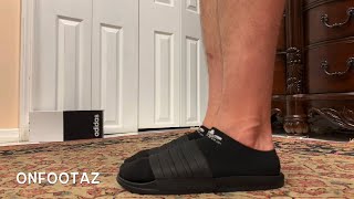 Adidas Adilette Cloudfoam Slides Triple Black On Foot [upl. by Holland]