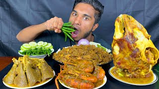 spicy mutton boti curry full goat lungs goat head curry and prawns curry with rice eating show [upl. by Analli]