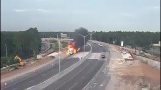 HORROR Florida Tractor Trailer Crashes Into Barrier amp Explodes In Orange County FL [upl. by Rodi]