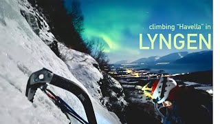 Climbing ice in Lyngen Havella during full moon and northern lights [upl. by Noraf339]