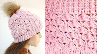 Como tejer el gorro N° 58 a crochet en punto ABANICOS y ROCOCO paso a paso TODAS LAS TALLAS [upl. by Airtal328]