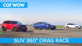 Tesla Model X P100D vs Jeep Trackhawk vs AMG GLC 63  360º DRAG amp ROLLING RACE [upl. by Sadella]