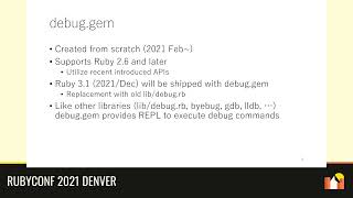 RubyConf 2021  debuggem Rubys new debug functionality by Koichi Sasada [upl. by Eltsyrc802]