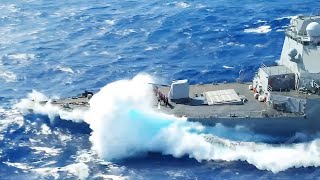 Massive US Destroyer Sails Through Giant Violent Waves at Sea [upl. by Adnolaj]