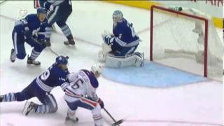 Jonathan Berniers Great Diving Save  Oilers at Maple Leafs  12102013 [upl. by Sedruol]