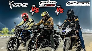 PULSAR N250 VS YAMAHA MT15 VS YAMAHA R15M  DRAG RACE  TOP SPEED TEST [upl. by Tem]