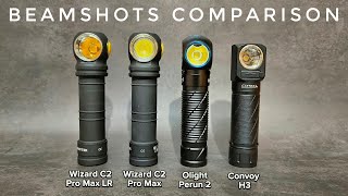 Top View Beamshots Comparison  Armytek Wizard C2 Pro Max LR warm vs Olight Perun 2 amp Convoy H3 [upl. by Oniuqa]