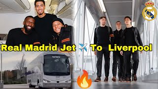 Real Madrid Stars Traveling to Liverpool ✈️🔥MbappeBellinghamArda Guler on BoardVinicius absent [upl. by Atterbury685]