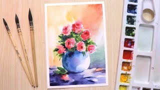 Watercolor painting for beginners beautiful flowers and leafs [upl. by Yelsew430]