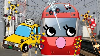 1 【踏切とのりおり＆学べる】いつでもどこでもはい！タクシー 他 が 踏切カンカン達と一緒に電車や新幹線を乗り降りするよ [upl. by Morey]