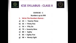 ICSE CLASS II Syllabus Chapter 1 Exercise 1 Write the Numbers Names [upl. by Moffitt]