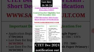 CTET Notification out  CTET exam 2024  Ctet Dec 2024 application form ctet shorts ctet2025 [upl. by Truscott]