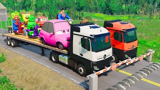 Flatbed Trailer Truck Potholes Transport Car Portal Trap Rescue  Cars vs Speed Bumps  BeamNGdrive [upl. by Yadsendew]