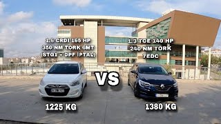 Uçan Manuel Accent Blue  16 CRDI 165 HP VS Megane 13 TCE 140 HP 7EDC Performans Kıyaslama Testi [upl. by Hershel155]