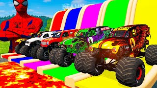 5 MONSTER TRUCK VS GIANT COLOR WATER SLIDE 049 [upl. by Jozef]