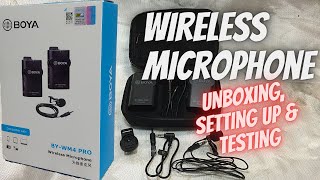 Wireless microphone review  Boya BYWM4 PROK1  unboxing set up and testing [upl. by Lipp]